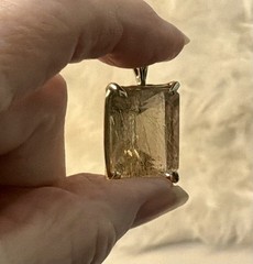 Gold Rutilated Quartz Penant Faceted Emerald Cut Four Prong Setting