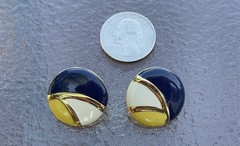 Vintage 1980s Geometric Pierced Earrings – Navy Blue, White, Yellow Enamel