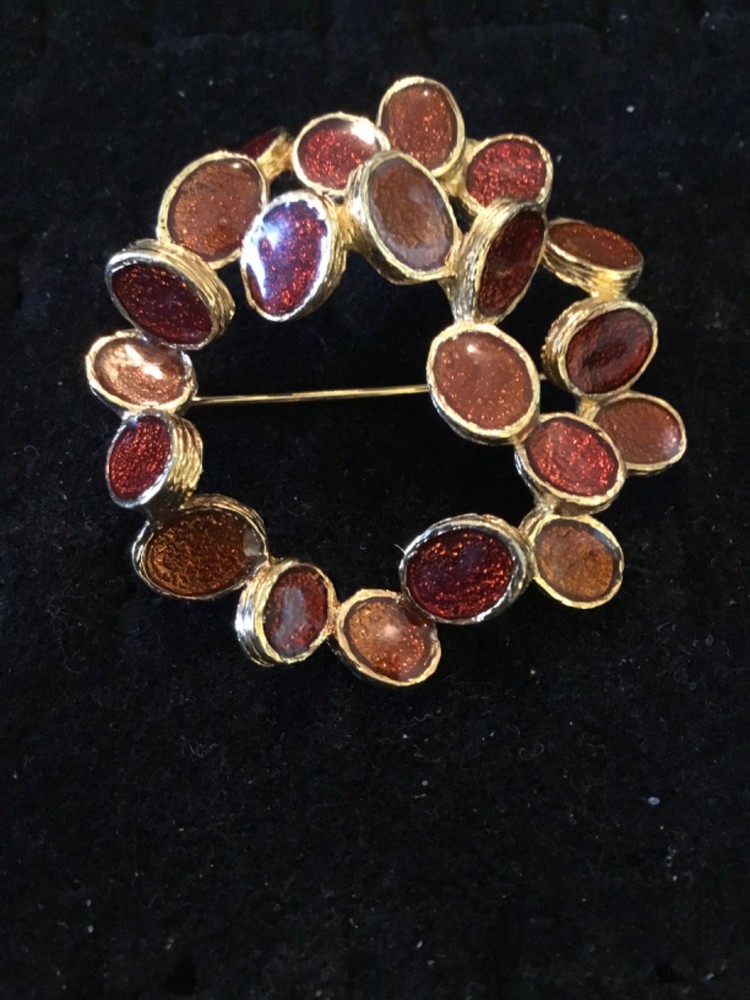 D’ORLAN Gold Plated Abstract Modernist Circle Brooch With Amber Enamel-Lovely