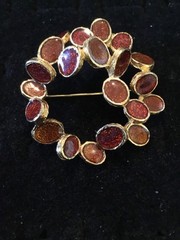 D’ORLAN Gold Plated Abstract Modernist Circle Brooch With Amber Enamel-Lovely
