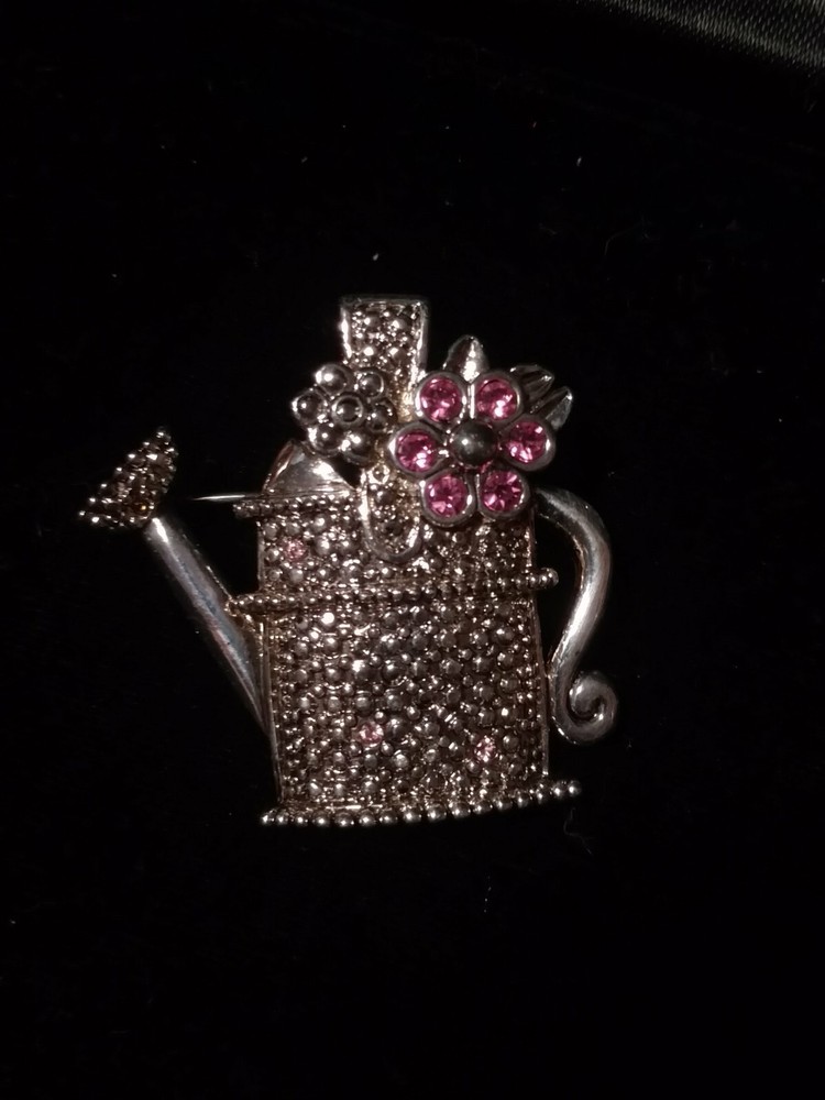 Vintage AAI Silver Watering Can Brooch with Pink Rhinestone Flower 1.5 inch