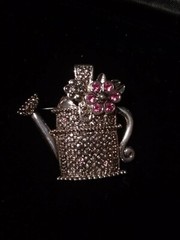 Vintage AAI Silver Watering Can Brooch with Pink Rhinestone Flower 1.5 inch