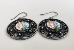 Vintage Painted Enameled Earring Soviet Cupronickel Finift Hand Wrought Filigree