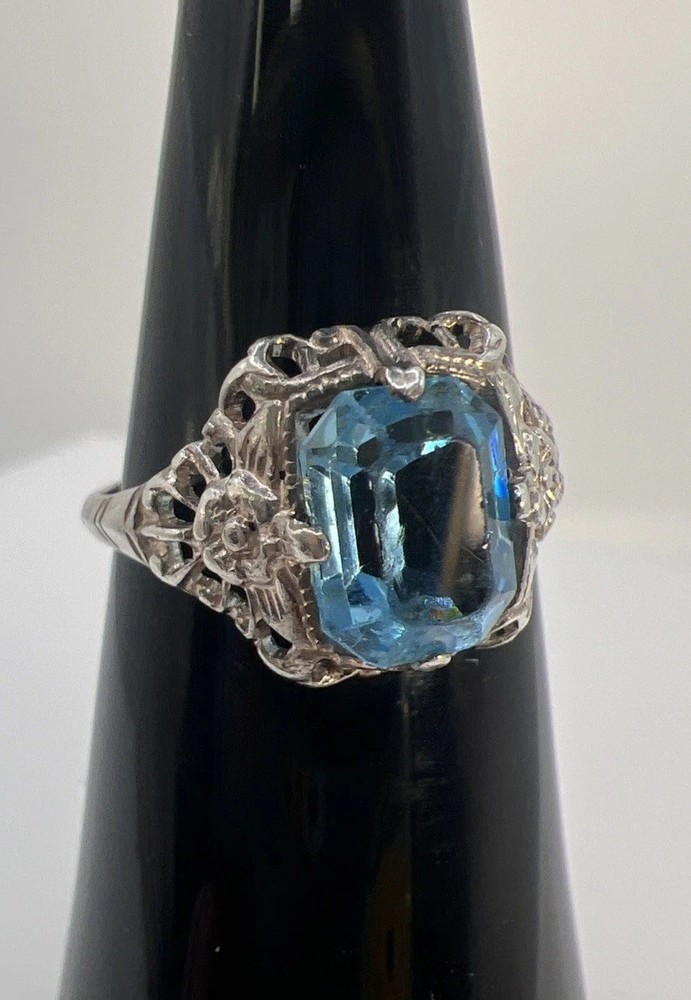 Vintage Uncas Sterling Silver Filigree Ring Art Deco Blue Stone Size 5.25 Marked