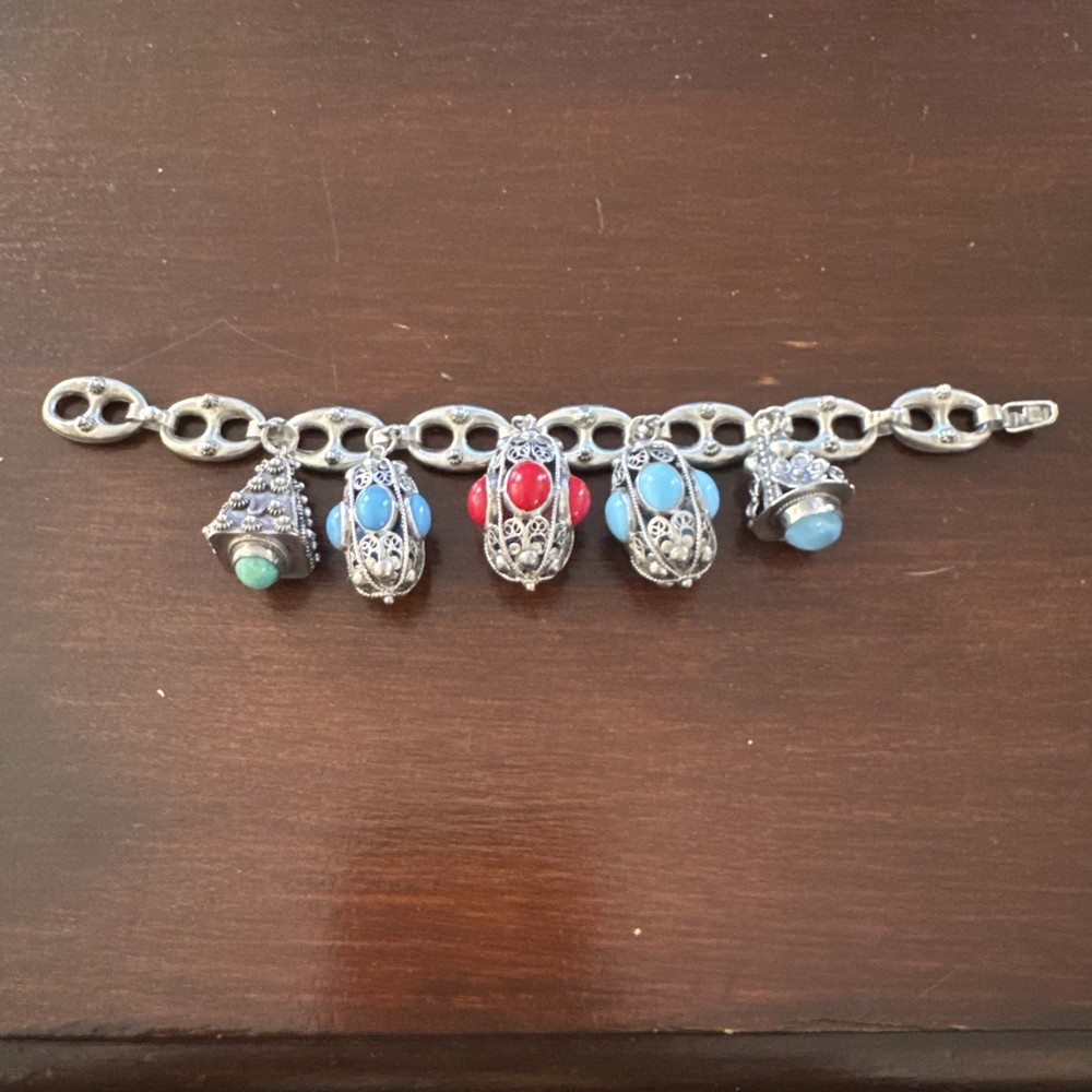 Vintage Silver Revival Charm Bracelet Etruscan 8″ and 800 Gemstones