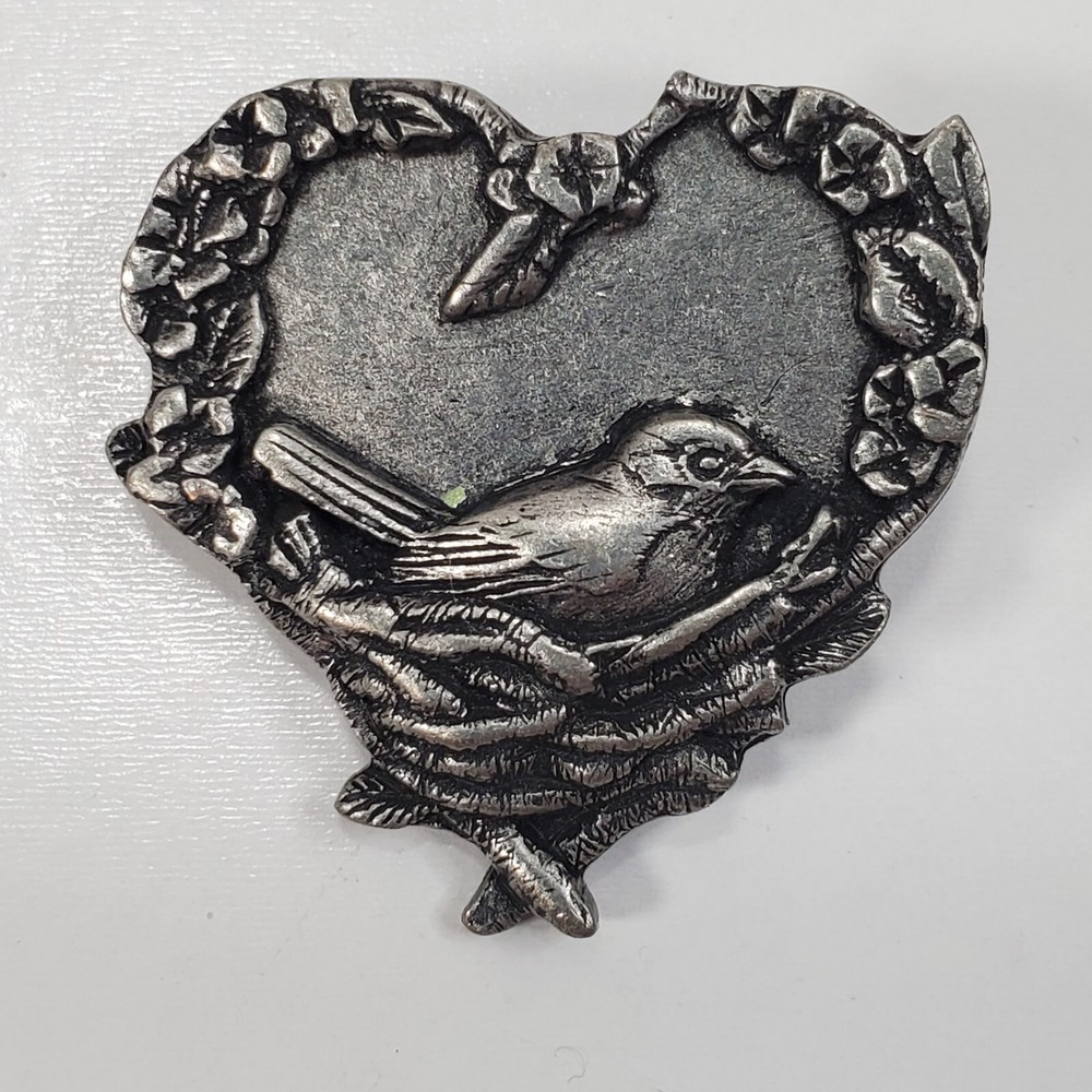 Vintage Birds & Blooms Pewter Heart with Bird in a Nest Brooch Pin Jewelry