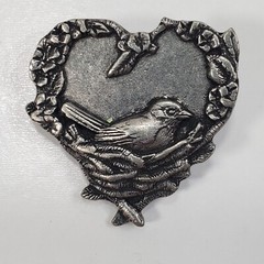 Vintage Birds & Blooms Pewter Heart with Bird in a Nest Brooch Pin Jewelry