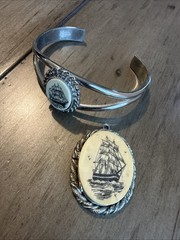 Vintage Silver Scrimshaw Ship Boat Bracelet + Pendant Whale Nautical