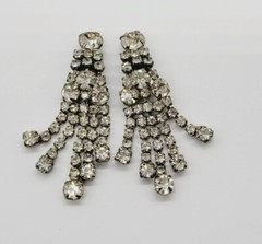 Crystal Chandelier Clip On Earring FRINGE Dangle Rhinestone Silver tone 2.25 in