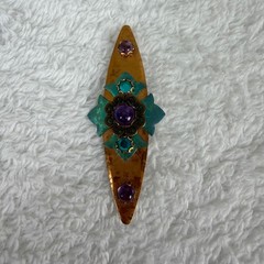 Vintage Copper Verdigris Brooch Purple Teal Crystal Floral Filigree Pin 2.5″