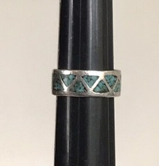925 Sterling Silver Ring Band Blue Turquoise Inlay Triangle Pattern Size 8