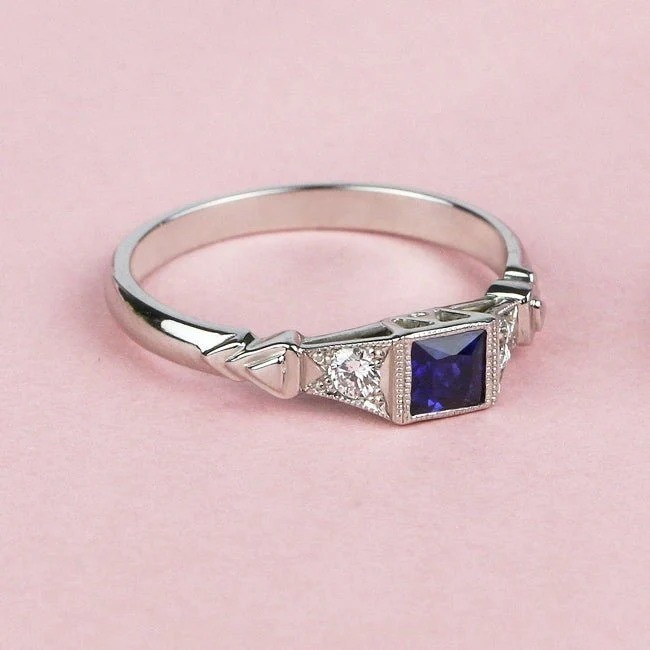 Square Sapphire & Lab Created Diamond 925 Silver Ring Romantic Heart Motif