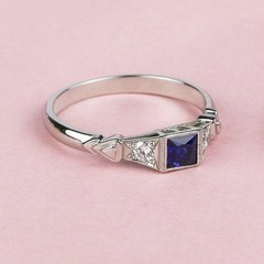 Square Sapphire & Lab Created Diamond 925 Silver Ring Romantic Heart Motif