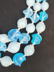 Vtg W Germany Light Blue AB Beads Triple Strand Necklace & Clip On Earring Set
