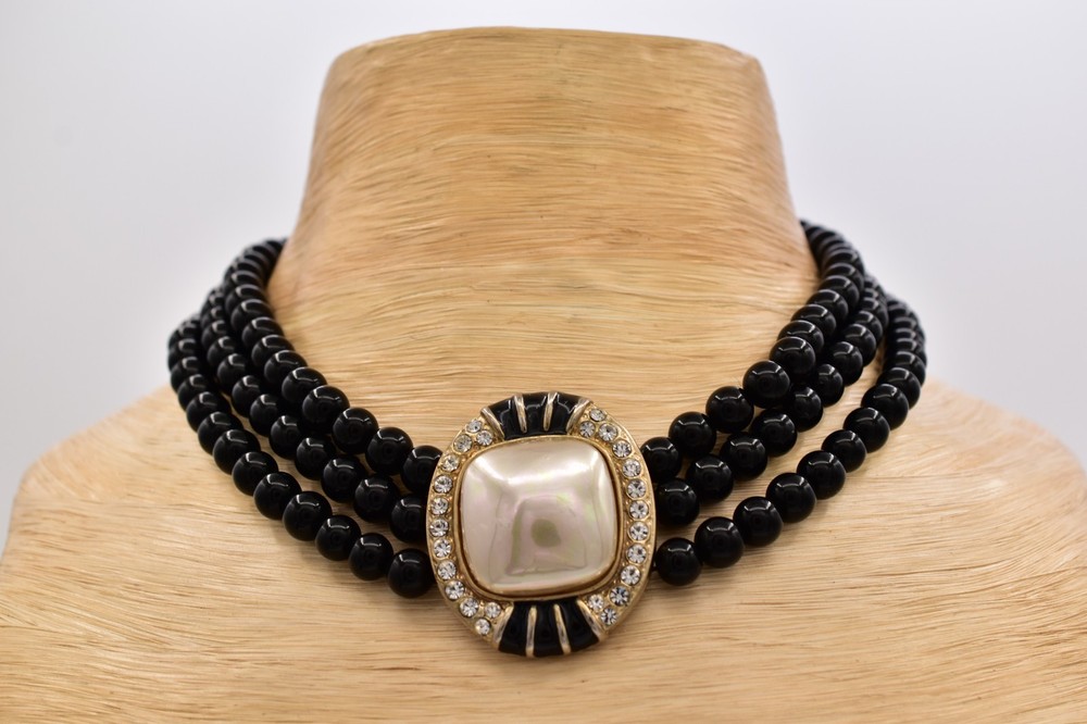 Vintage Black Bead Faux Pearl Rhinestone Enamel Multi Strand Choker 1980s BinBH