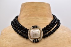 Vintage Black Bead Faux Pearl Rhinestone Enamel Multi Strand Choker 1980s BinBH