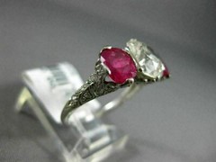 ANTIQUE 3.51CT OLD MINE DIAMOND & AAA RUBY PLATINUM THREE STONE ENGAGEMENT RING