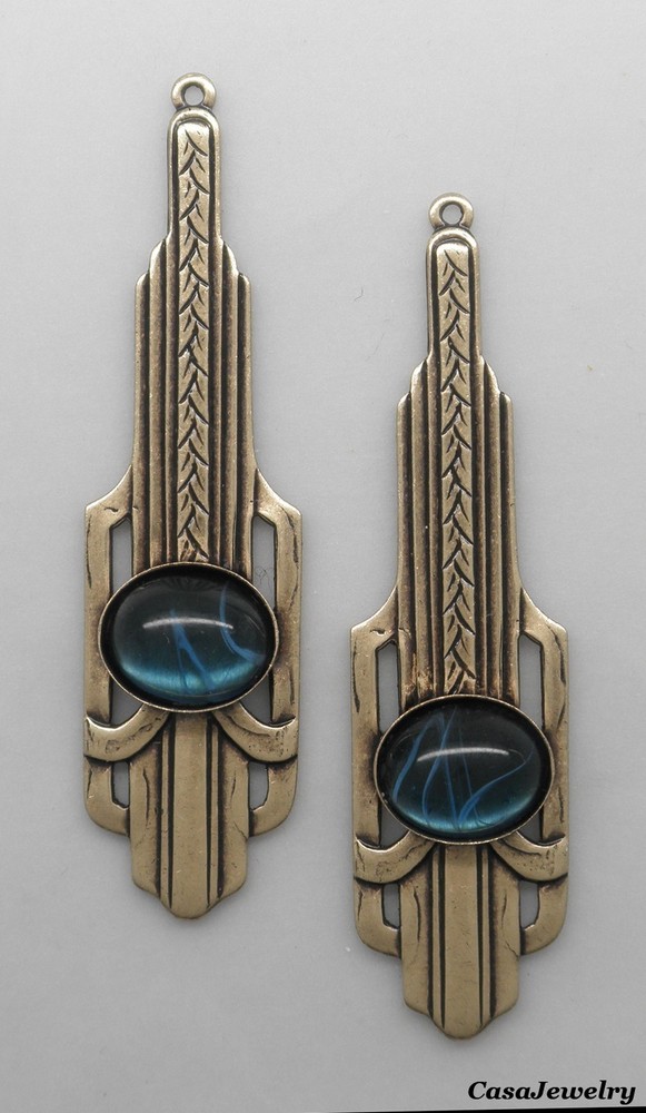 #0183MB ANTIQUED GOLD ART DECO DROP W/10x8mm MONTANA BLUE CABOCHON- 2 Pcs