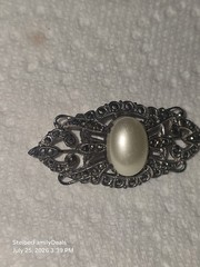 Vtg Sterling Silver Faux Pearl Marcasite Brooch Pin Art Deco Or Victorian