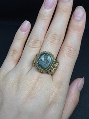 Rare Old Bronze Ring Carved Green Stone Animal Motif Antique Size 9 US
