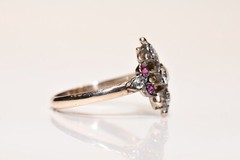 Antique Circa 1900s 8k Gold Natural Old Cut Diamond And Ruby Navette Ring