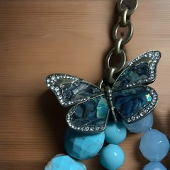 FOSSIL 3 Strand 24” Necklace Rhinestone Turquoise Blue Beads MOP BUTTERFLY & BEE