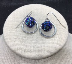 Vintage Silver Tone Costume Iridescent Blue Rhinestone Ball Drop Earrings B595