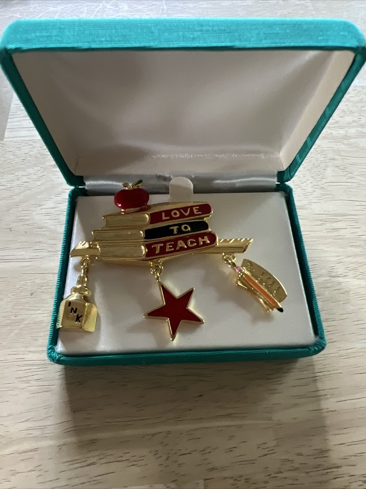 Tona Gold Tone Multicolor Enamel Book Stack And Dangling Charms Teachers Brooch