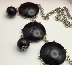 Vintage Black Cabochon Statement Necklace Silver Tone Bib Dangle 26 In Bold Y2K