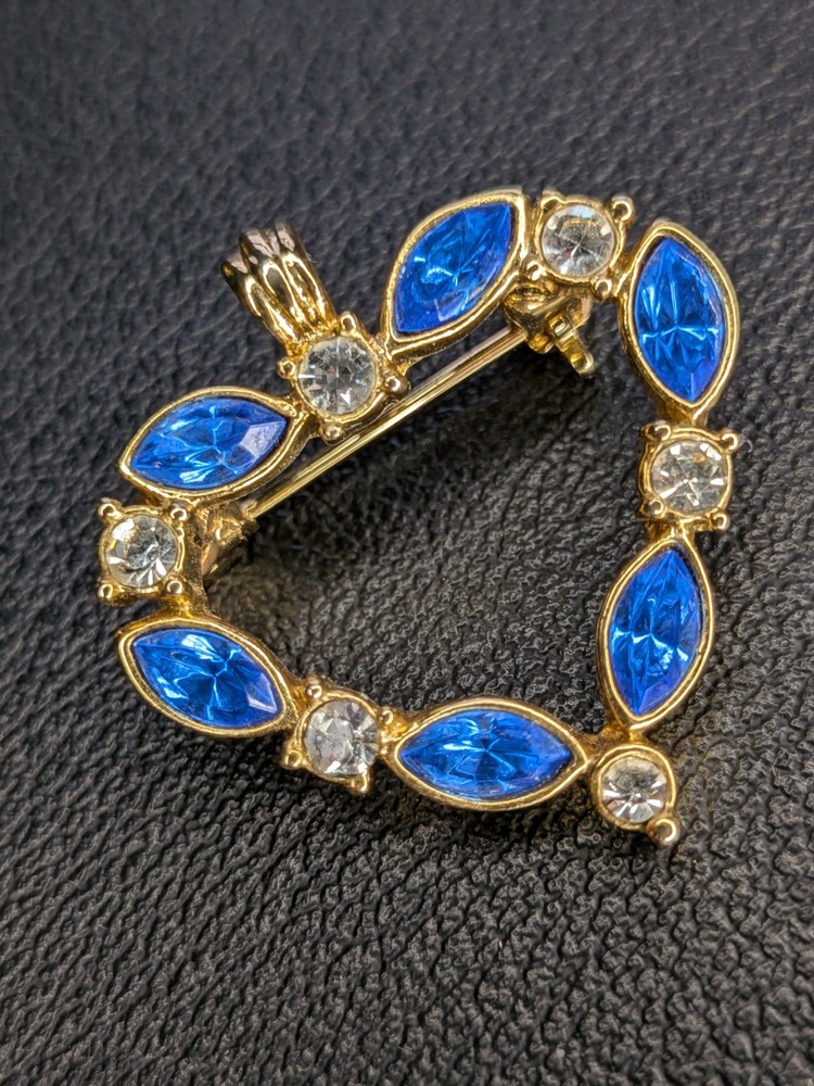 Vintage Gold Tone Heart Shaped Pendant – Blue and Clear Gemstones