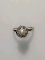 Vintage 14k White Gold White Pearl Diamond Halo Art Deco Edwardian Ring Size 6.5