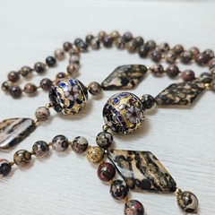 Vintage Necklace LARGE Cloisonne Bead Leopard Jasper Gemstone Knotted 33″