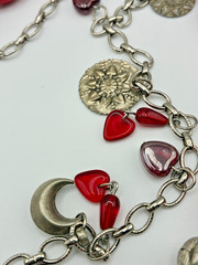 Vintage roxsann 2 strand Red Glass Heart/Charms Beaded Pendant Chunky Necklace