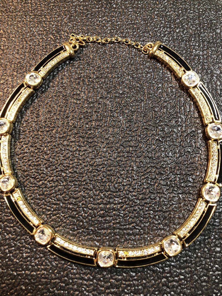 Vintage Jewelry Signed MONET Gold Tone Black And Gemmed Necklace 17.75”