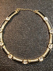 Vintage Jewelry Signed MONET Gold Tone Black And Gemmed Necklace 17.75”