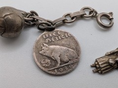 Vintage Austrian 900 Silver Glücksbringer 1939 Lucky Charm Bracelet Coral Pig 7″