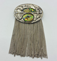 Vintage Brooch Abalone Shell Tassel Rhinestone Silver Tone Dangle Chain Pin