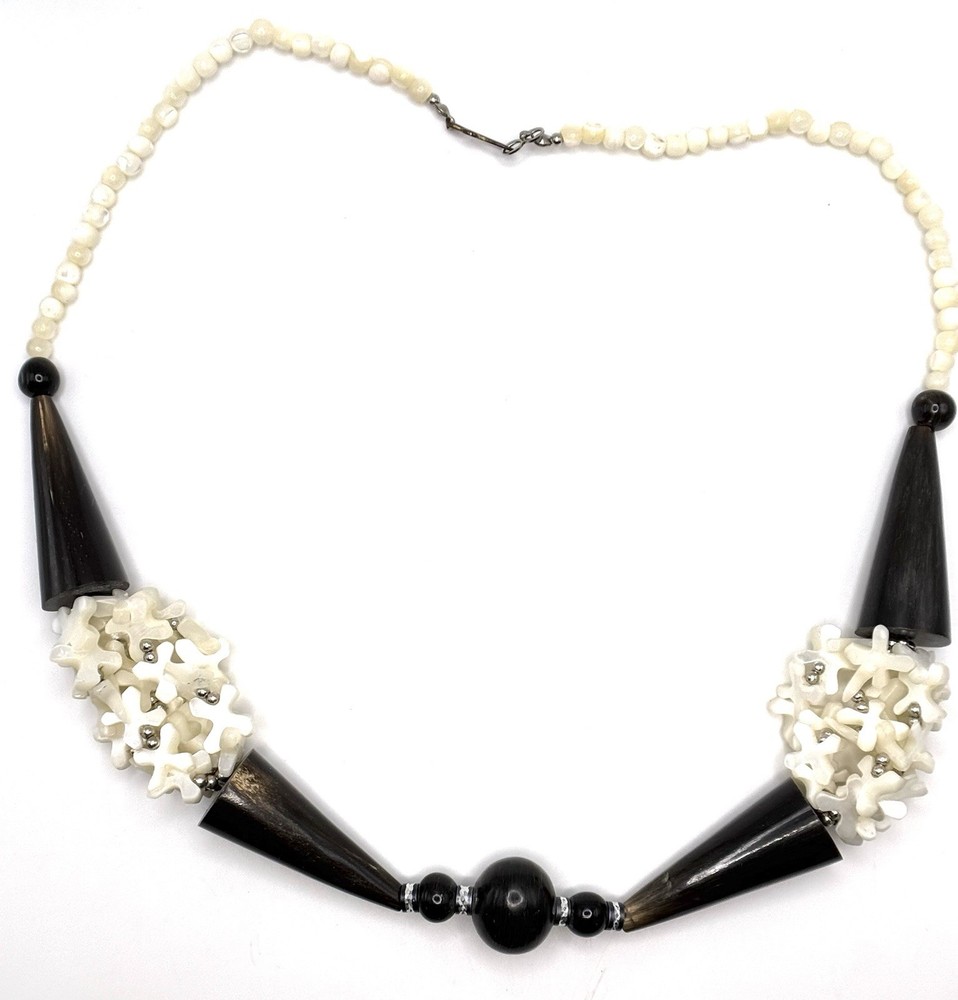 Vintage Tribal Bone Necklace Mother of Pearl Black Horn Statement Beaded 25 in