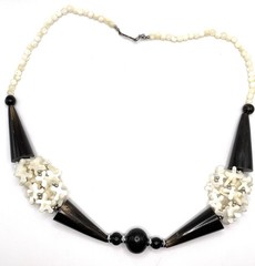 Vintage Tribal Bone Necklace Mother of Pearl Black Horn Statement Beaded 25 in