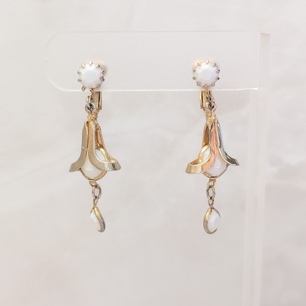 Vintage Clip On Earrings Gold Tone & White Stylish Dangle Drop Earrings