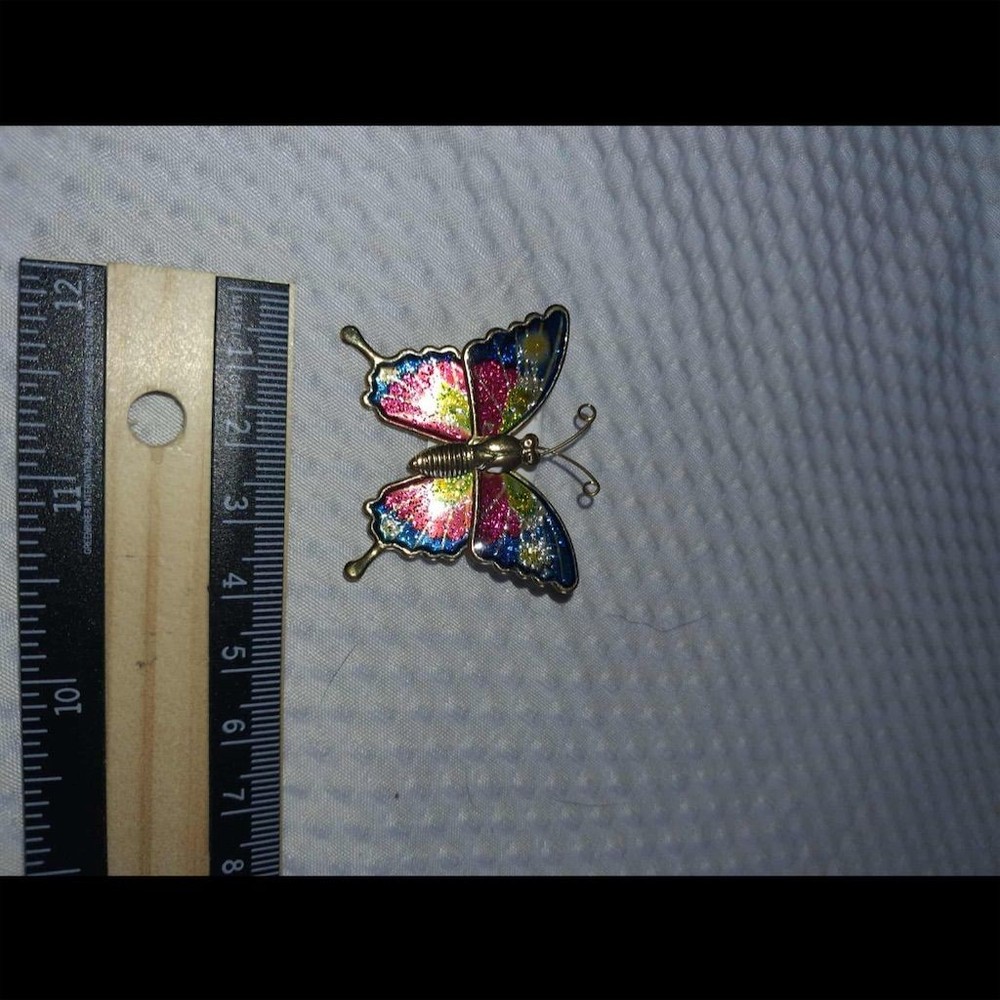 Vintage Multicolor Enamel Butterfly Brooch with Glitter Finish
