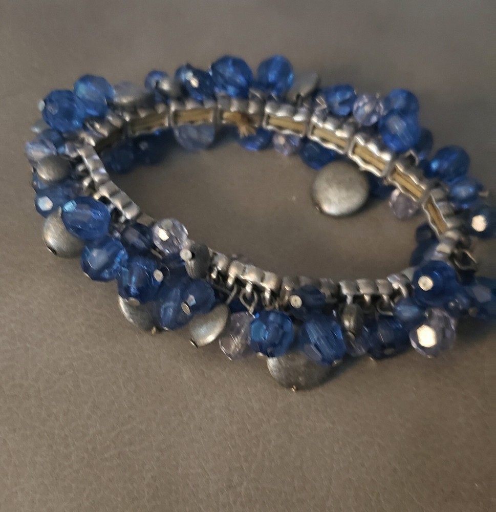 Vtg Blue Stone Bead Stretch Cuff Bracelet