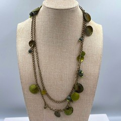 Green Beaded Charm Necklace Double Strand Antique Brass Tone Dangle Disc Boho