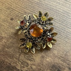 Vintage Austrian Rhinestone Brooch Autumn Orange Yellow Gold Tone Floral Pin
