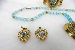 Vintage Earrings, Bracelet & Necklace Set signed Anthony Blue Beads, Large Heart