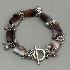 Artisan 925 Sterling Silver Banded Agate Pearl Bracelet Toggle Clasp 7″ Vintage