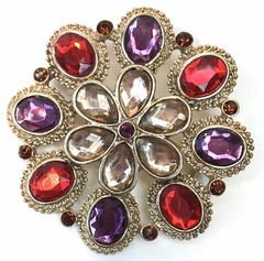 Colorful Purple Red White Rhinestone Brooch Silver Tone Flower Pin