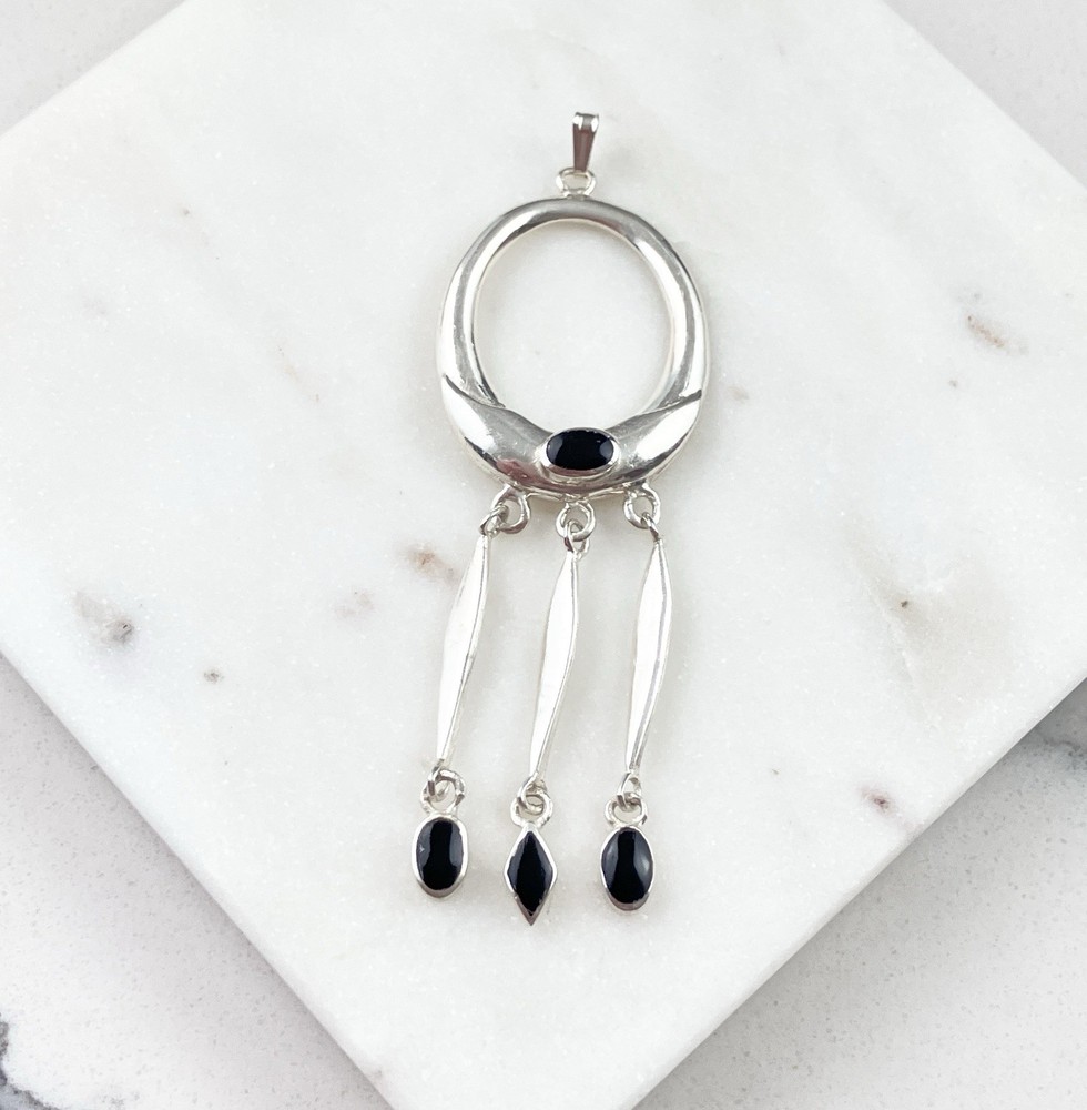Vintage 925 Sterling Silver Black Onyx Modernist Fringe Pendant