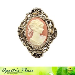 Vintage Brooch Pendant Faux Cameo Goldtone Metal Resin Floral Edge Wavy Hair
