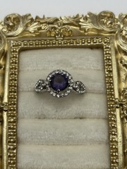 Silver Tone Purple Amethyst Halo Statement Ring Size 8.5 Vintage Costume Jewelry
